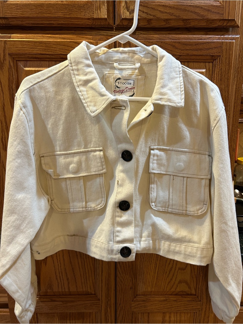 Stoosh Cream Cropped Denim Jacket with Front Pockets